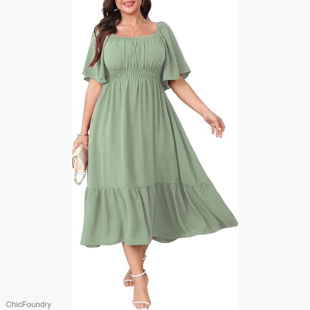 Plus Size Smocked Maxi Dress Square Neck Flowy Formal Wedding Guest